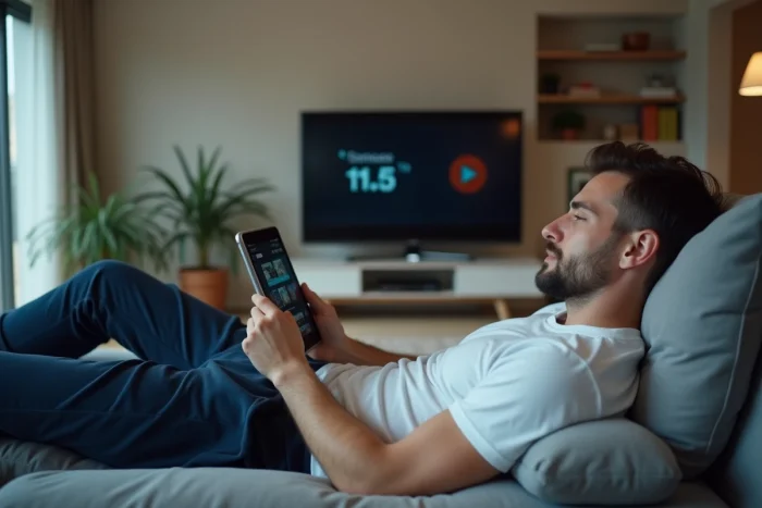 Homme allongé sur un canapé utilisant une tablette pour télécharger des séries en ligne dans un salon moderne