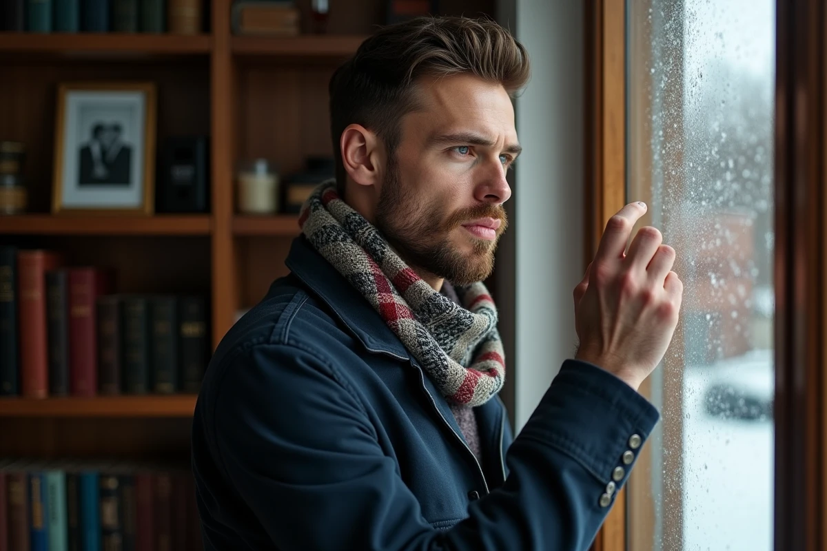 Homme regardant par la fenêtre dans un intérieur chaleureux