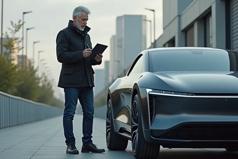 Homme observant une voiture 2024 en extérieur urbain