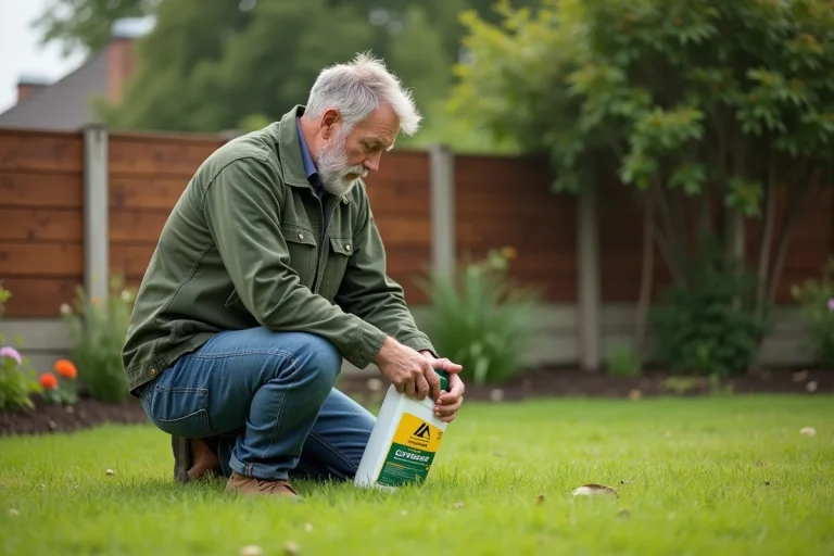 Homme jardinier en jeans et veste verte lisant une bouteille de glyphosate