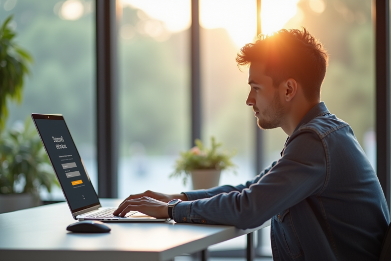 Jeune adulte au bureau moderne utilisant un ordinateur portable