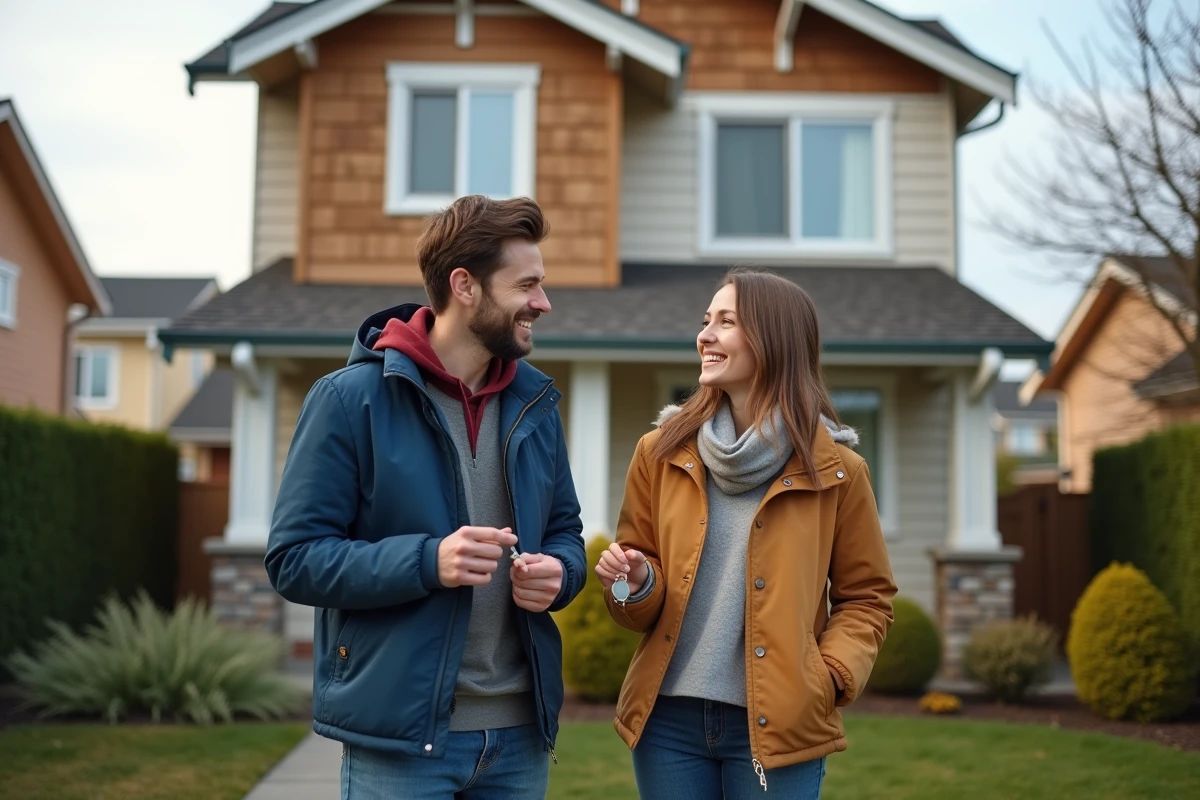 Jeune couple heureux devant leur maison neuve avec clés