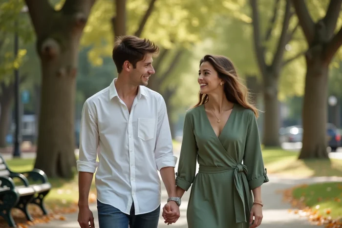 Un jeune homme et une femme riant ensemble en se promenant dans un parc urbain, représentant une interaction chaleureuse et spontanée