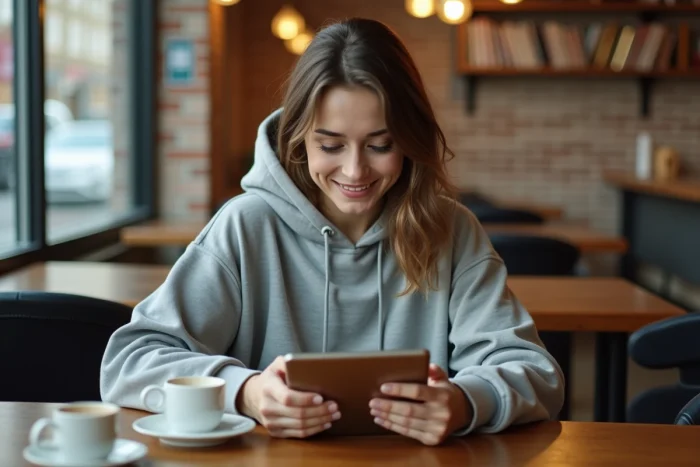 Jeune femme souriante découvrant un meme sur son tablet dans un café