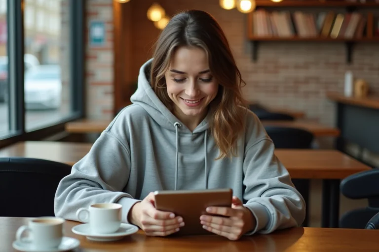 Jeune femme souriante découvrant un meme sur son tablet dans un café