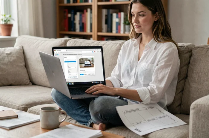 Jeune femme consultant un guide sur les dimensions A4 en pixels sur son ordinateur portable dans un salon