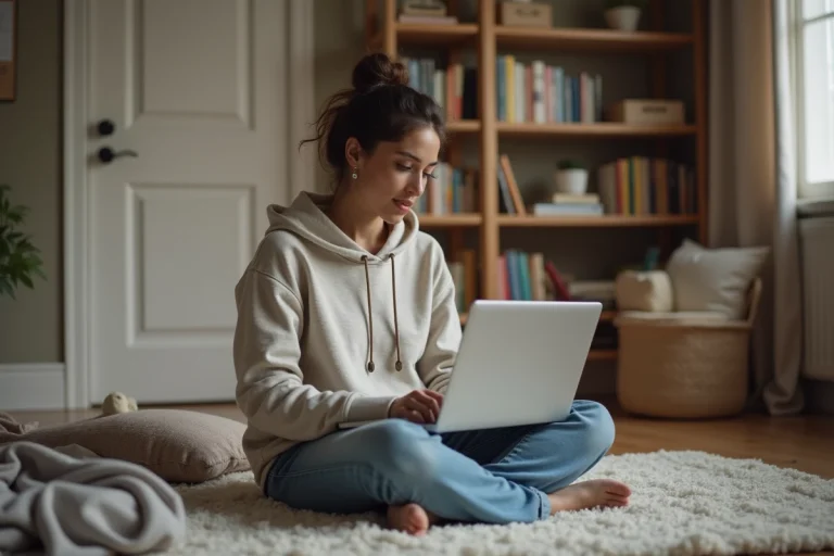 Jeune femme assise sur le sol de sa chambre avec un ordinateur portable