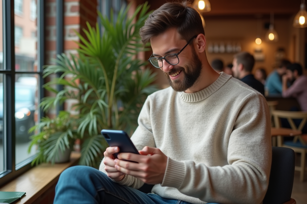 Jeune homme dans un café urbain vérifiant son assurance sur smartphone