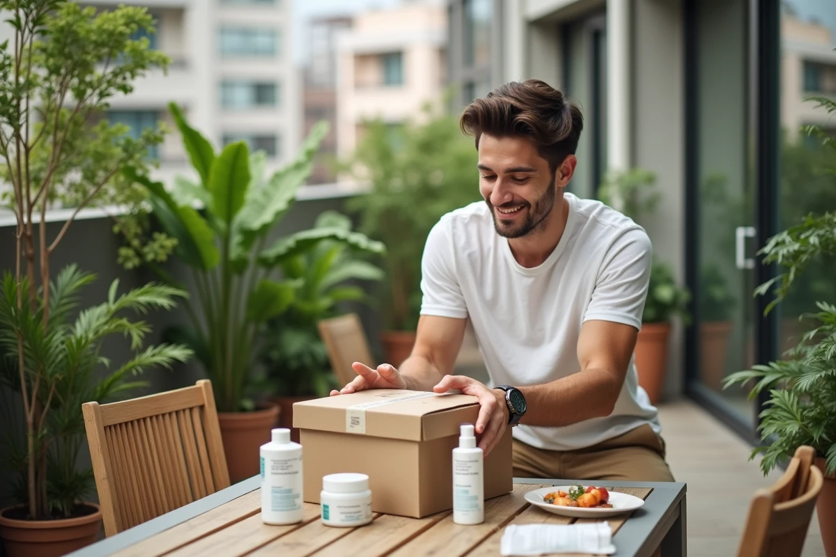 Jeune homme déballant des produits wellness écoresponsables sur un balcon
