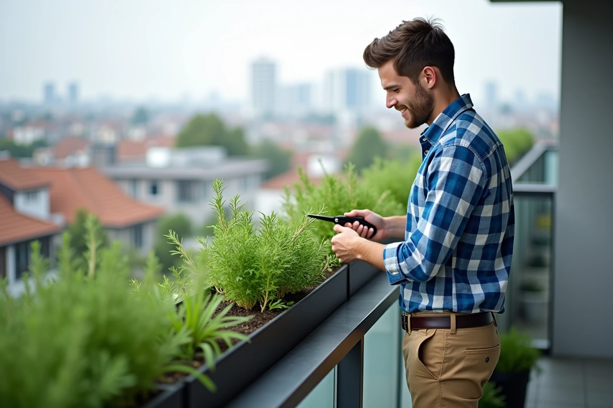 Jeune homme coupe des herbes sur un balcon urbain