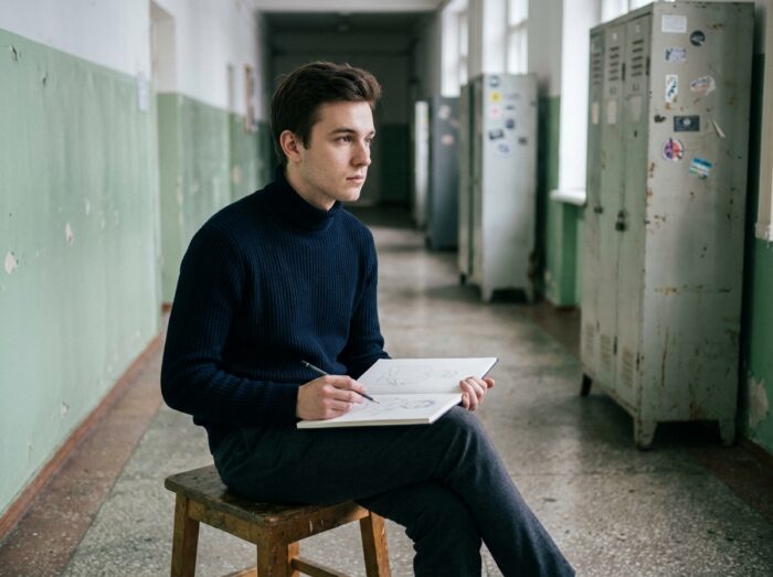 Jeune homme en année préparatoire artistique assis dans un couloir d'école d'art avec un carnet de croquis ouvert sur les genoux