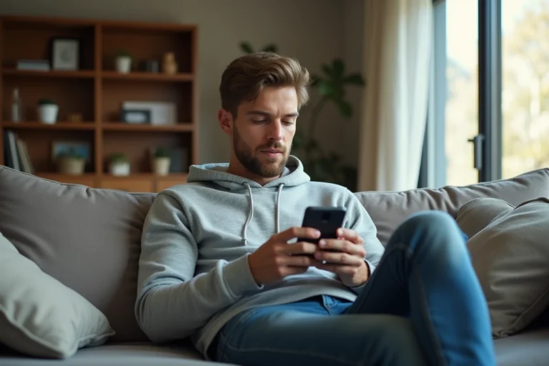 Jeune homme en hoodie regarde un match de cricket sur son smartphone
