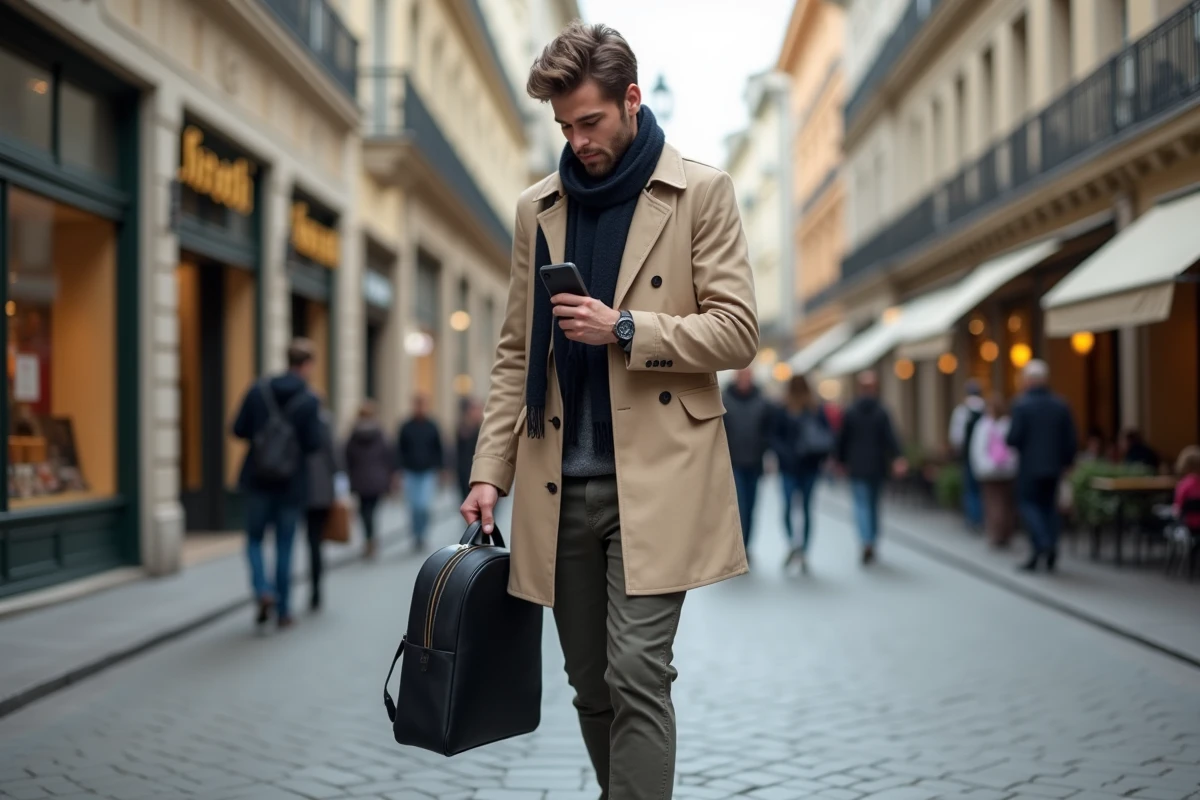 Jeune homme marchant dans la ville avec style