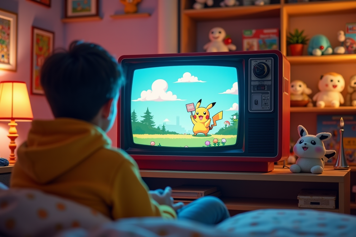 Adolescent jouant à Pokémon sur une vieille TV