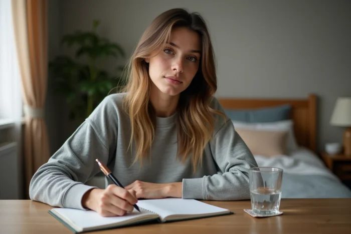 Jeune femme notant son expérience avec la pilule Adepal dans un journal de santé personnel posé sur un bureau en bois avec une plaquette de comprimés à côté