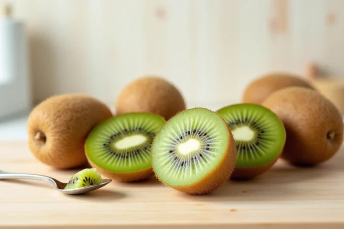 Kiwis entiers et coupés en deux sur une surface en bois clair, chair verte éclatante avec graines noires et cœur crème visible