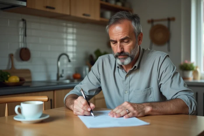 Locataire remplissant un formulaire de dépôt de garantie pour un logement social dans sa cuisine