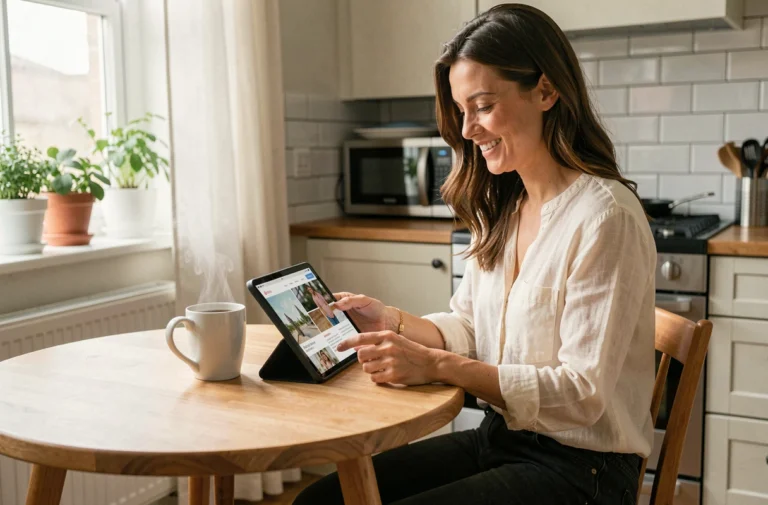 Maman trentenaire lisant des actualités sur une tablette dans une cuisine moderne et chaleureuse