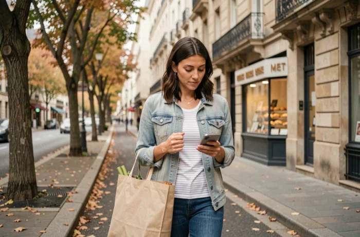 Maman connectée consultant son téléphone lors de courses quotidiennes dans une rue parisienne en automne