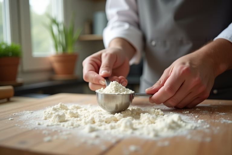 Main de chef mesurant la farine avec une cuillère en bois