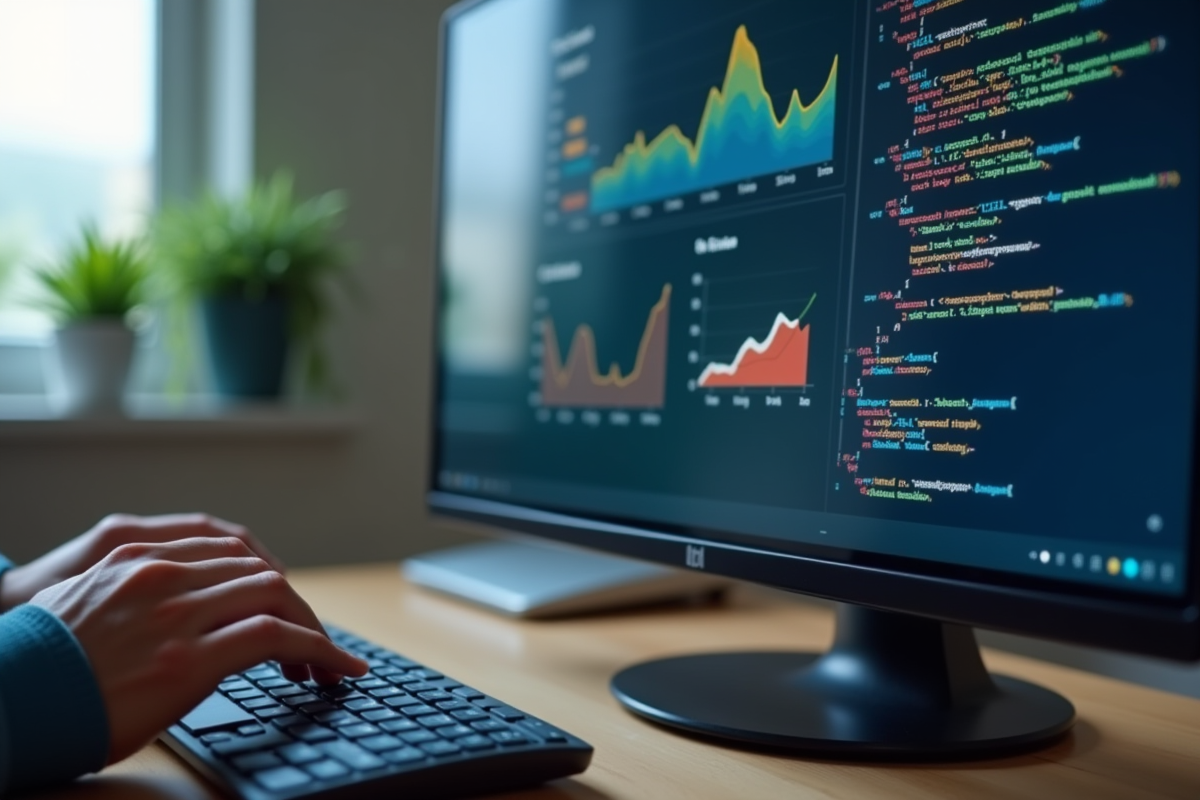 Écran affichant graphiques SEO et lignes de code en gros plan