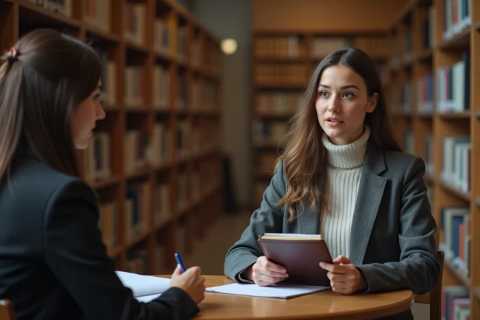 Deux étudiantes s'entraînant en binôme à un oral blanc du concours CPE dans une bibliothèque universitaire