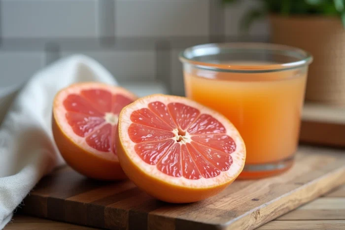 Pamplemousse coupé en deux sur une planche en bois rustique révélant la chair rose juteuse, associé à un bol de jus frais