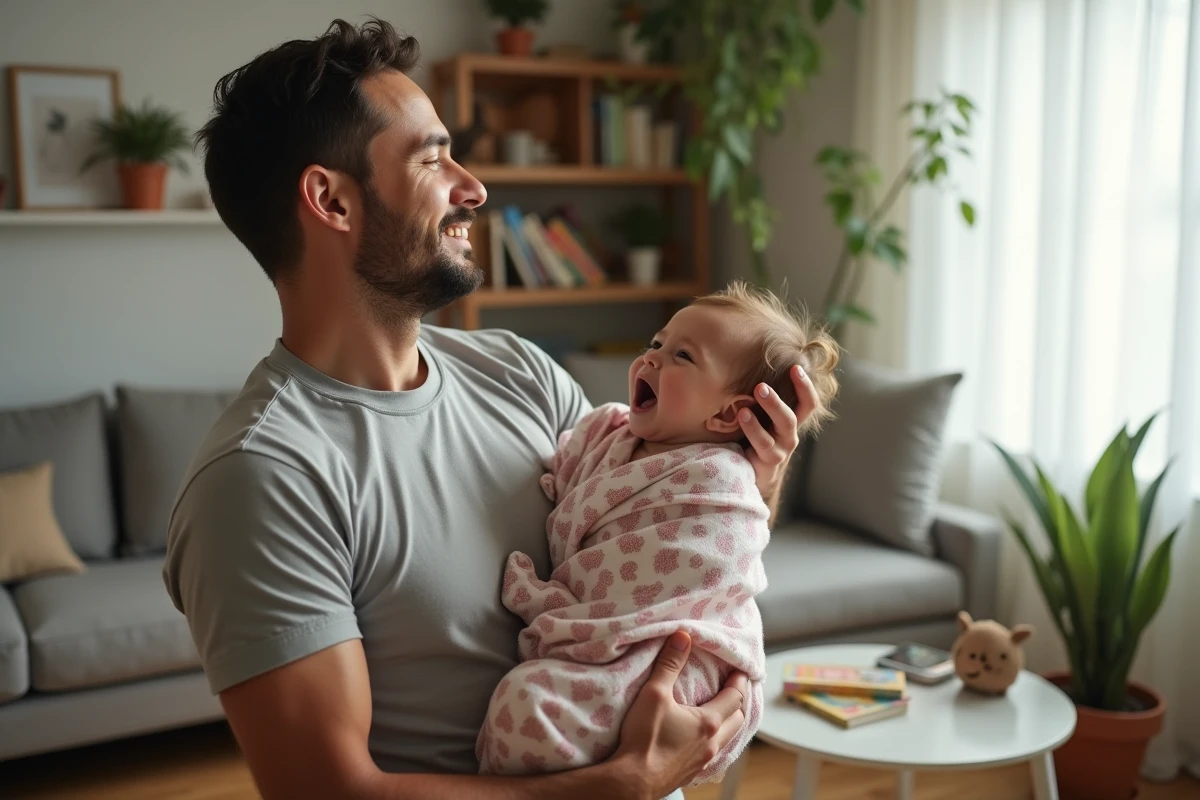 Père tenant sa fille éveillée dans un salon lumineux et accueillant