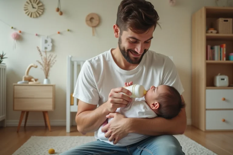 Père tenant tendrement son bébé dans une nurserie chaleureuse