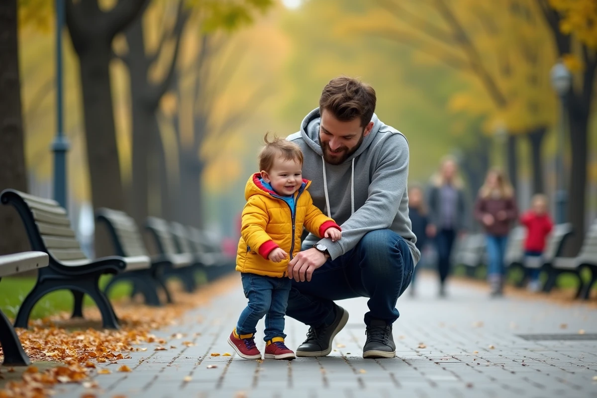 Père attachant les chaussures de son enfant dans un parc urbain