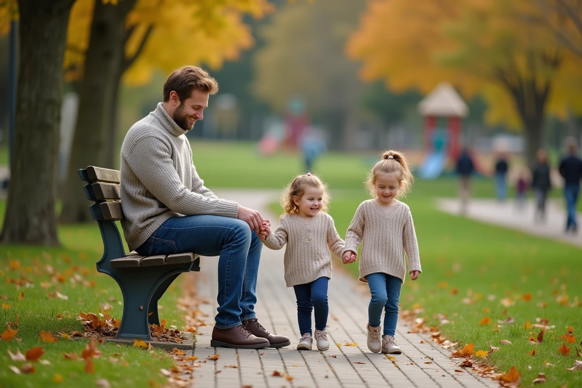 Père avec ses filles dans un parc en automne