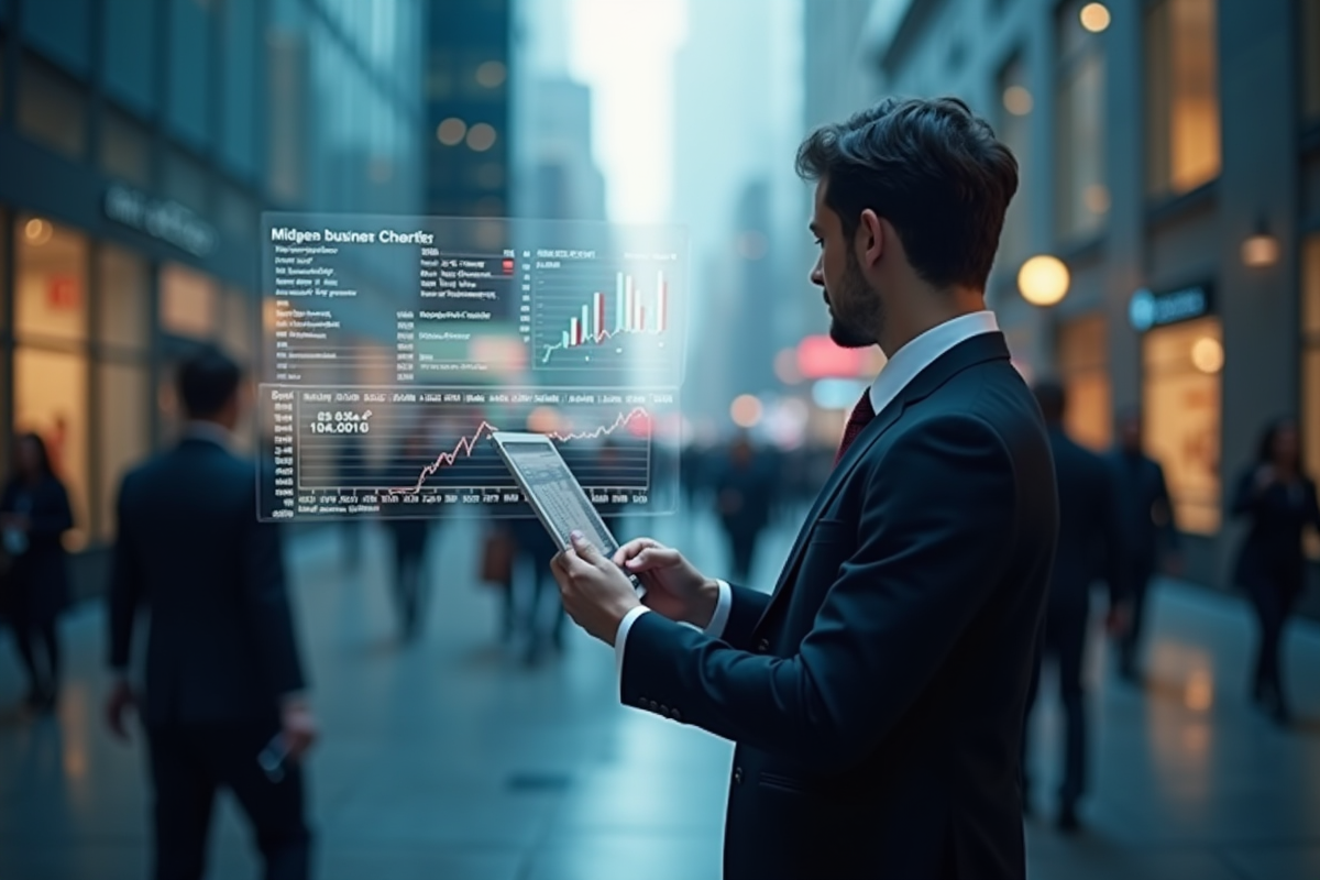 Personne regardant un graphique digital dans une ville animée