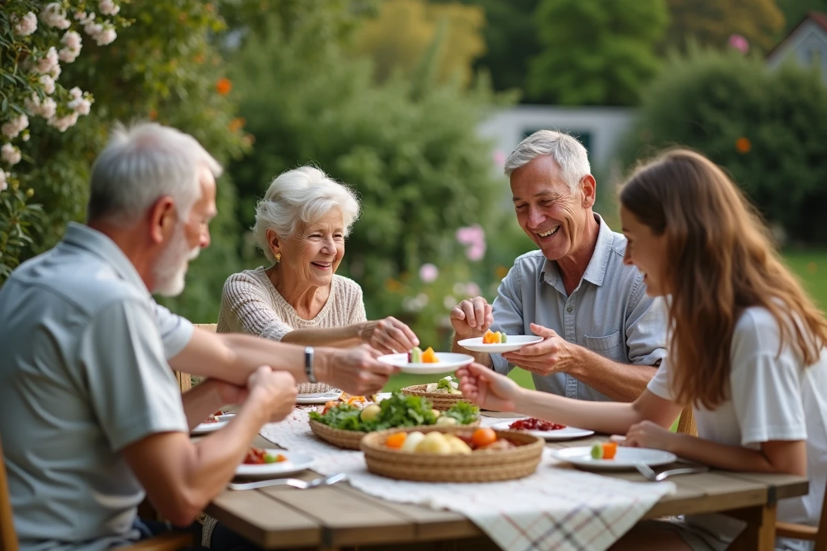 Trois générations partageant un pique-nique dans le jardin