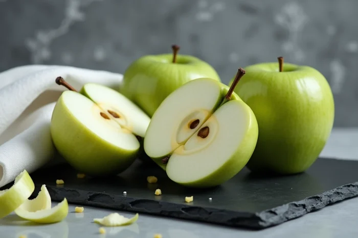 Trois pommes vertes dont une coupée en deux sur une ardoise noire, chair pâle et pépins visibles avec des spirales de peau de pomme