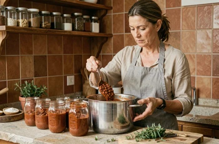 Femme préparant et conservant une sauce bolognaise maison dans des bocaux en verre dans une cuisine rustique