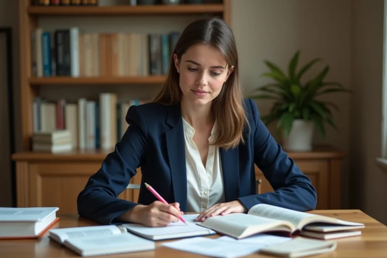 Jeune femme se préparant aux oraux du concours CPE avec des notes et des livres ouverts sur un bureau en bois