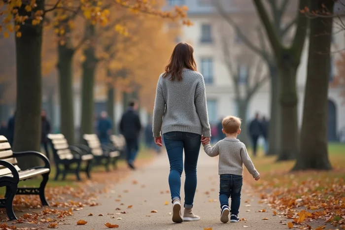 Une femme et un enfant se promènent dans un parc parisien en automne, évoquant la vie de famille avec délicatesse et respect de l'intimité
