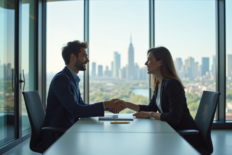 Jeune professionnel serrant la main d'un manager dans un bureau lumineux
