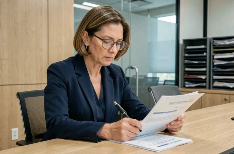 Femme professionnelle révisant un ordre du jour de CAL avec annotations dans une salle de réunion moderne