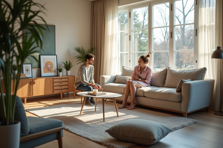 Salon moderne avec un couple arrangeant des coussins