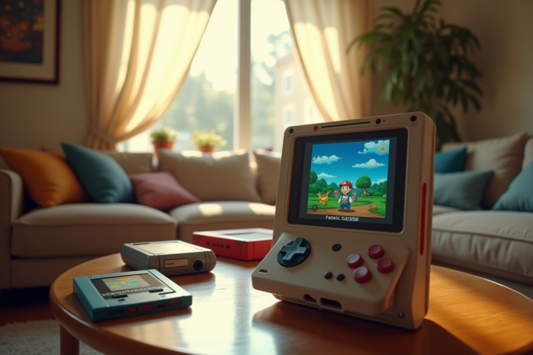Salon rétro avec console portable et memorabilia