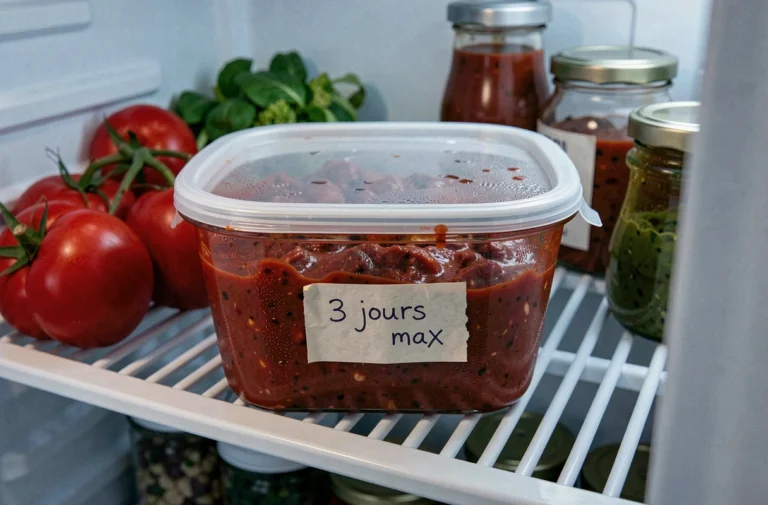 Récipient en verre hermétique contenant une sauce bolognaise maison conservée au réfrigérateur avec étiquette de date