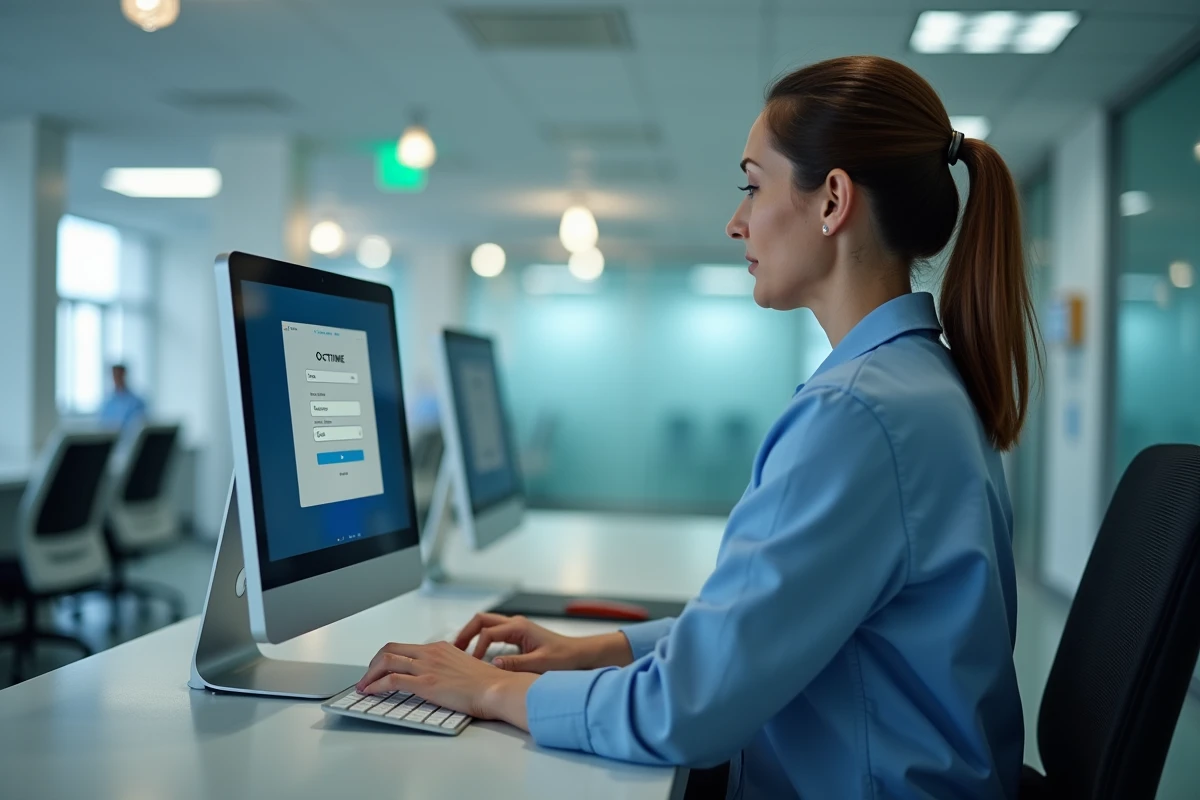 Employe femme se connectant sur un poste à la reception