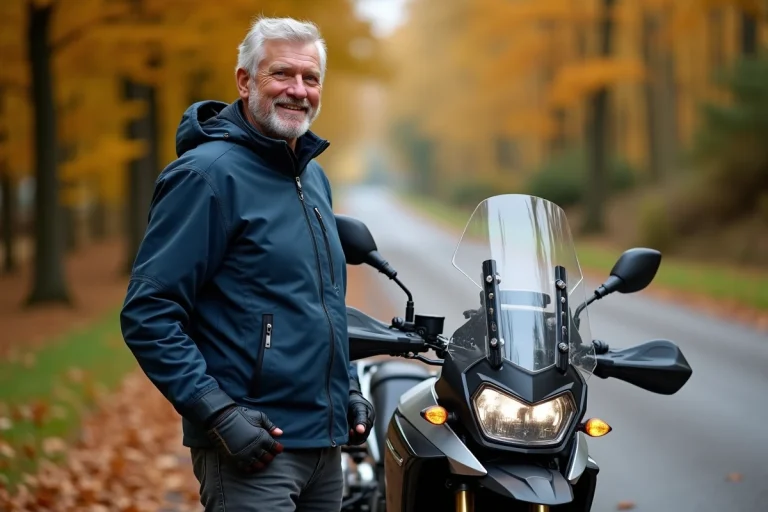 Senior motard en veste textile bleue posant à côté d'une moto adventure touring sur une route de campagne en automne