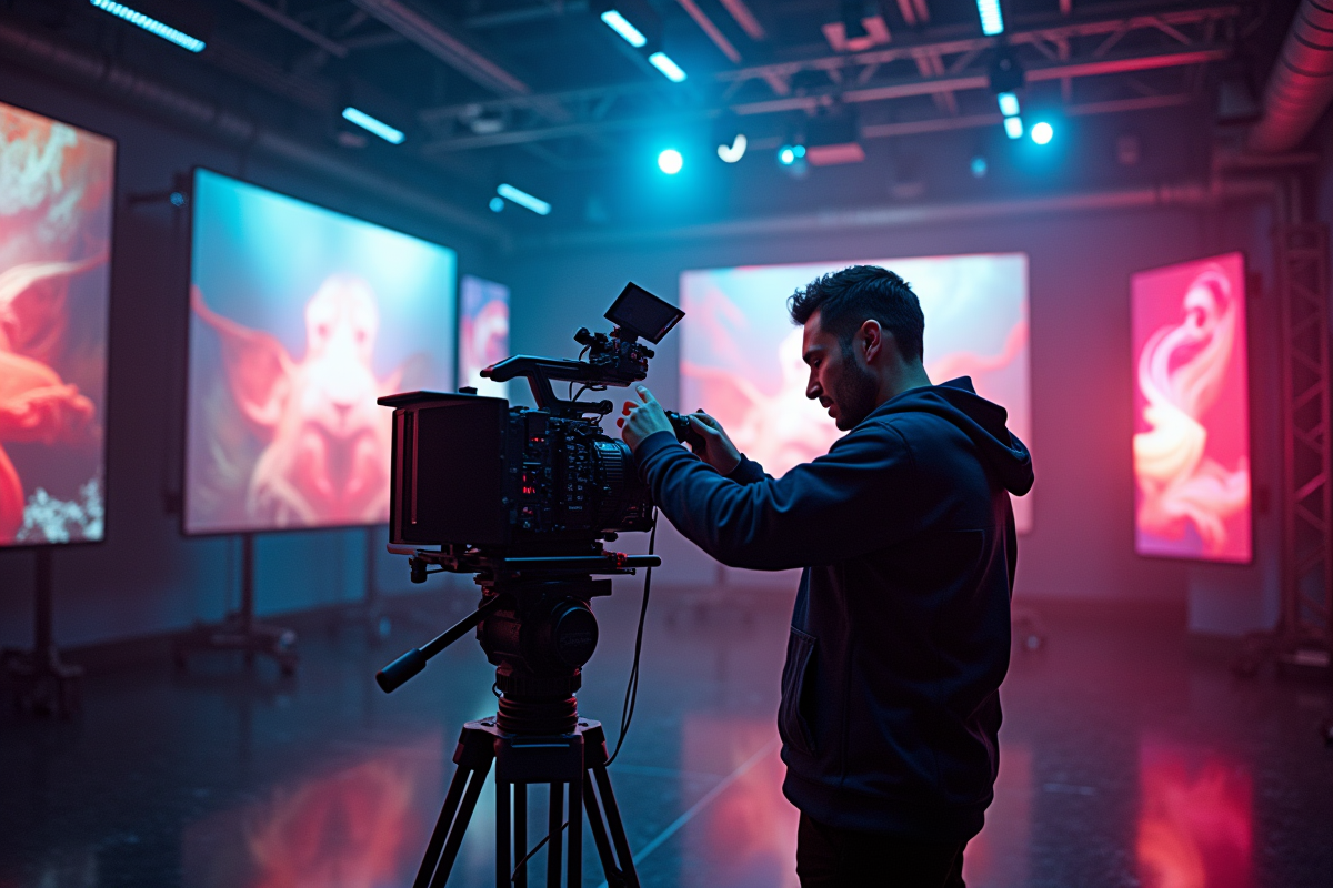 Studio de cinéma avec caméra numérique et panneaux LED