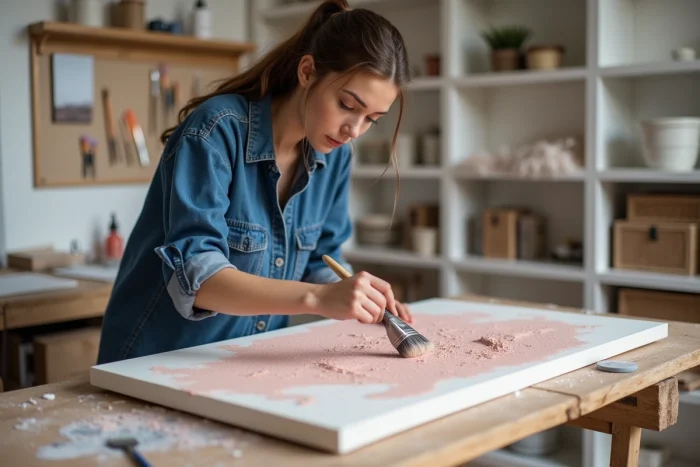 Jeune artiste appliquant une technique de brossage à sec pour obtenir un effet granuleux original sur une toile dans un atelier maison