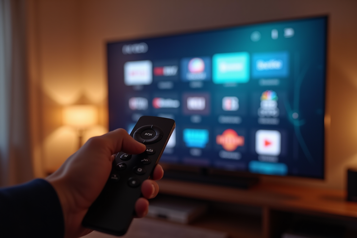 Main tenant une télécommande face à une TV avec logos de streaming