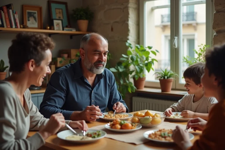 Un homme d'origine nord-africaine partage un repas en famille dans un appartement parisien chaleureux, illustration du respect de la vie privée familiale