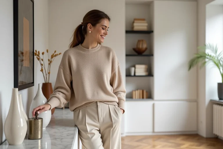 Femme élégante ajustant une figurine dans un salon minimaliste